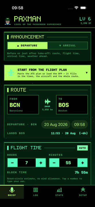 The same builder in the avionics console theme, green on black